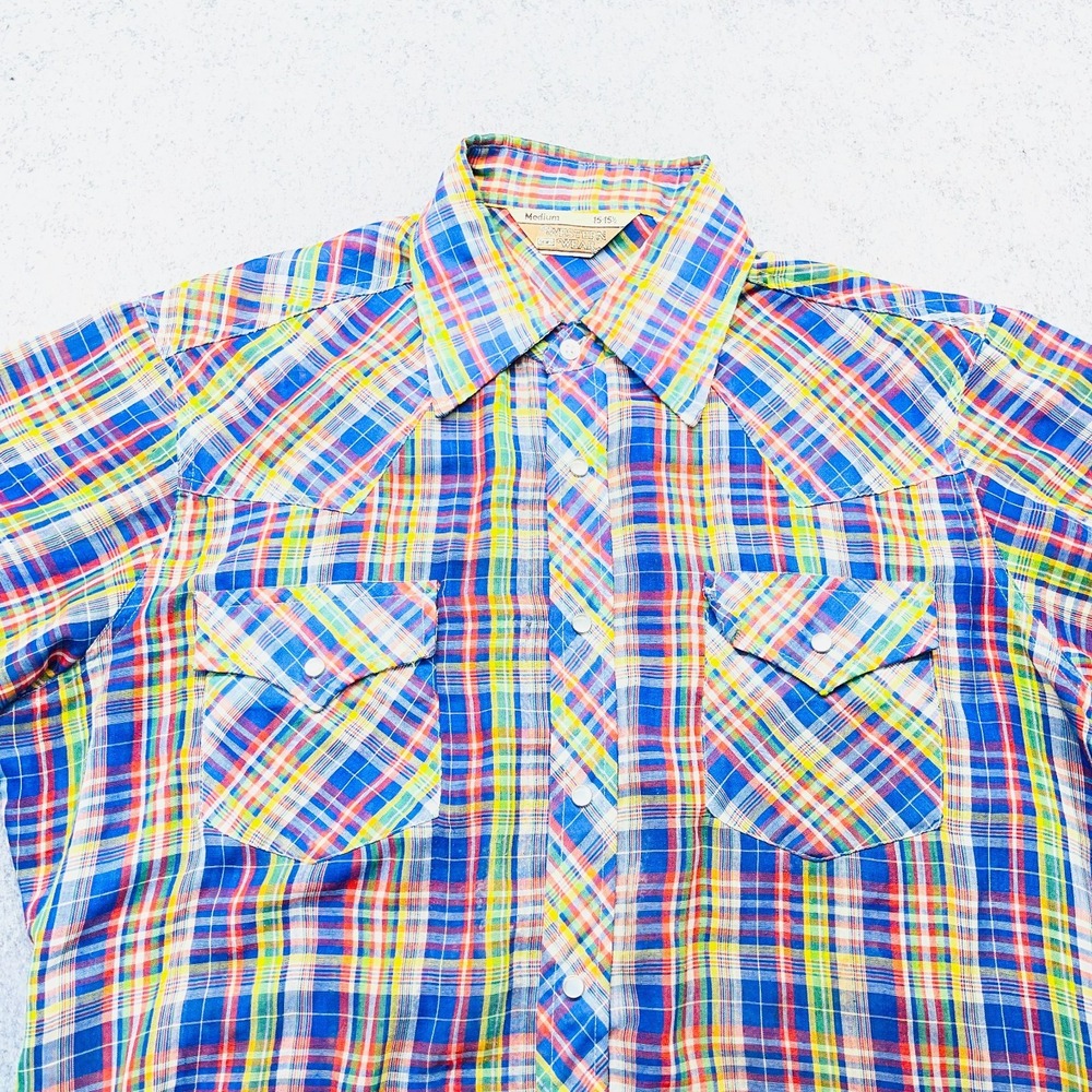 Vintage Sears Western Wear Shirt Men Medium Multi Plaid Pearl Snap Short Sleeve - Picture 2 of 8